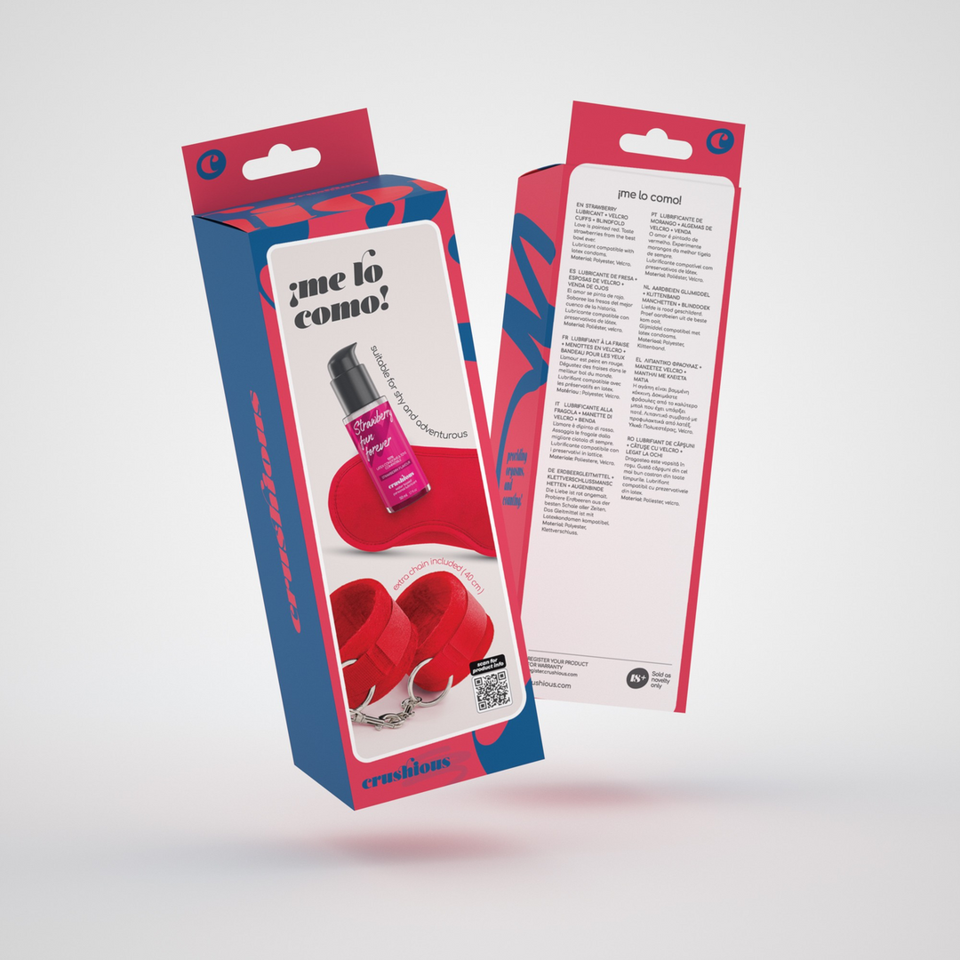 Me Lo Como - Velcro Handcuffs Set with Blindfold and Strawberry Lubricant - 1.7 fl oz / 50 ml - Red - Afbeelding 2