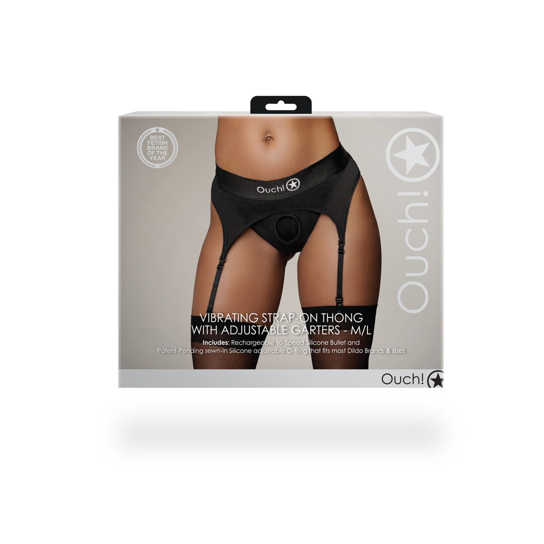 Vibrerende Strap-on Thong met Verstelbare Garter - M/L - Zwart - Afbeelding 3